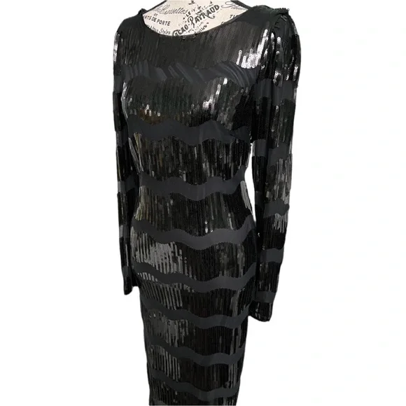Anthro NANETTE LEPORE Black Wavy Sequin Striped Long Sleeve Dress - Picture 7 of 16